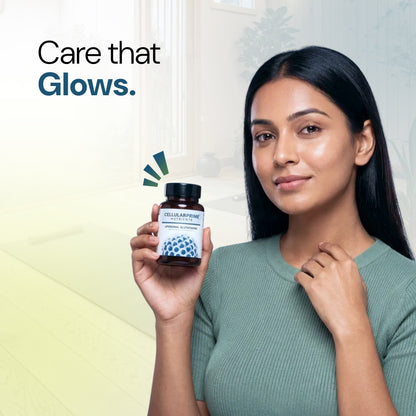 Woman holding a supplement bottle with 'Care that Glows' text and brand logo.